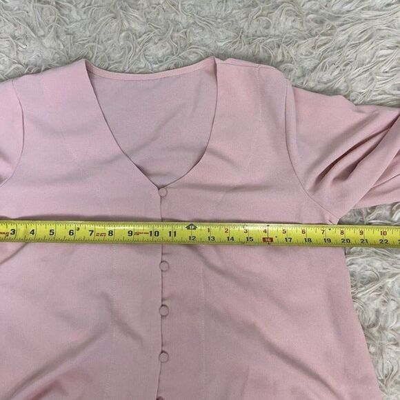 Womens Baby Pink Button Up V Neck Summer Loose Blouses Wide Flare Sleeves Large - Picture 6 of 11